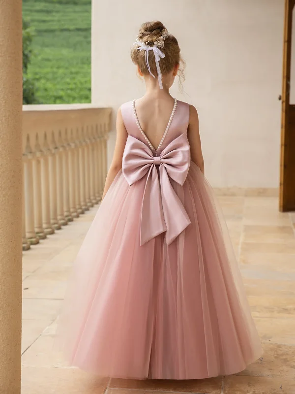 Budget-Friendly Fashion Crew Neck Tulle Flower Girl Dresses with Pearls & Satin Bowknot Romantic Detailing