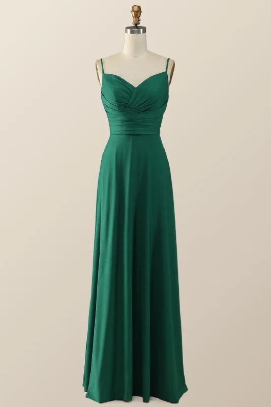 Premium Style Simply Green Pleated Satin Long Bridesmaid Dress Big Savings on Minimalist Office Styles