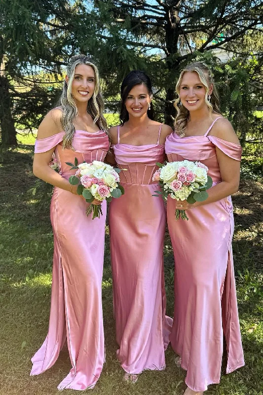 Playful Fashion Offers Off the Shoulder Pink Satin Fitted Long Bridesmaid Dress Sophisticated Cut