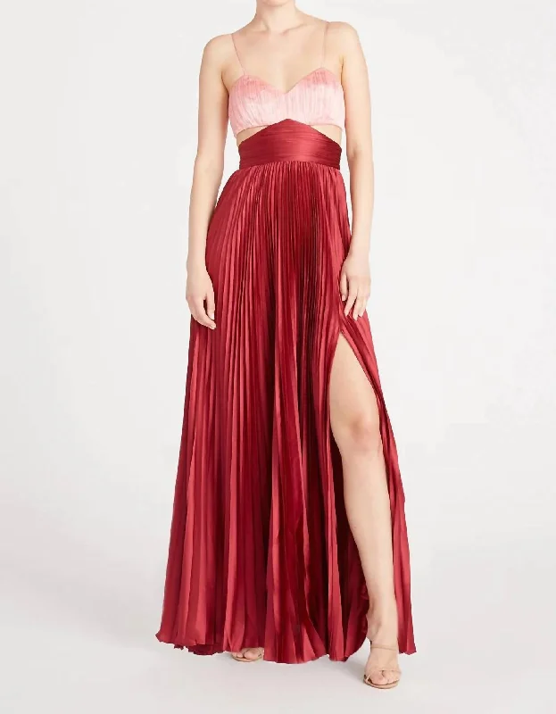 Cozy Chic Promotions Elodie Pleated Cutout Gown In Peachy Apricot/red Ochre Seasonal Trend