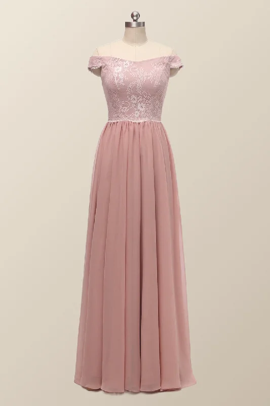 High-End Style Discounts Off the Shoulder Blush Pink Lace and Chiffon Bridesmaid Dress Dreamy Aesthetic