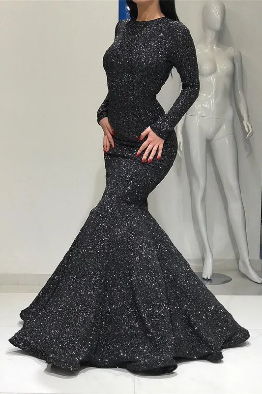 Discount Extravaganza Mermaid Round Neck Long Sleeves Floor-Length Black Sequined Prom Dress  cg2931 Timeless Elegant