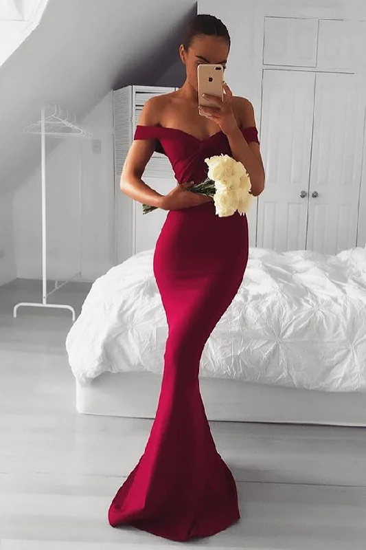 Limited Time Elegant Off Shoulder Mermaid Wine Red Long Bridesmaid Dress Ethnic Cultural Event Wear