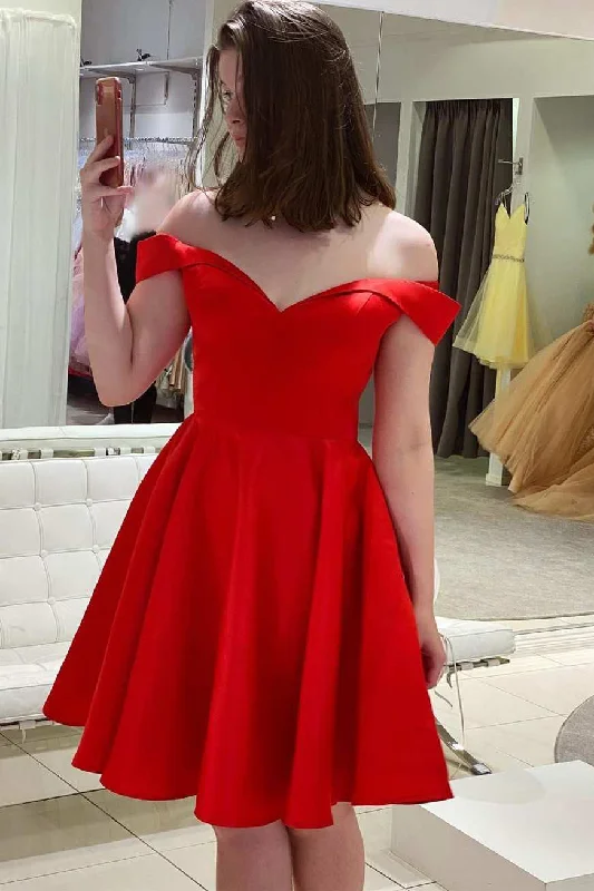 Get The Latest Trends Red Off The Shoulder A Line Satin Homecoming Dresses Feminine Allure