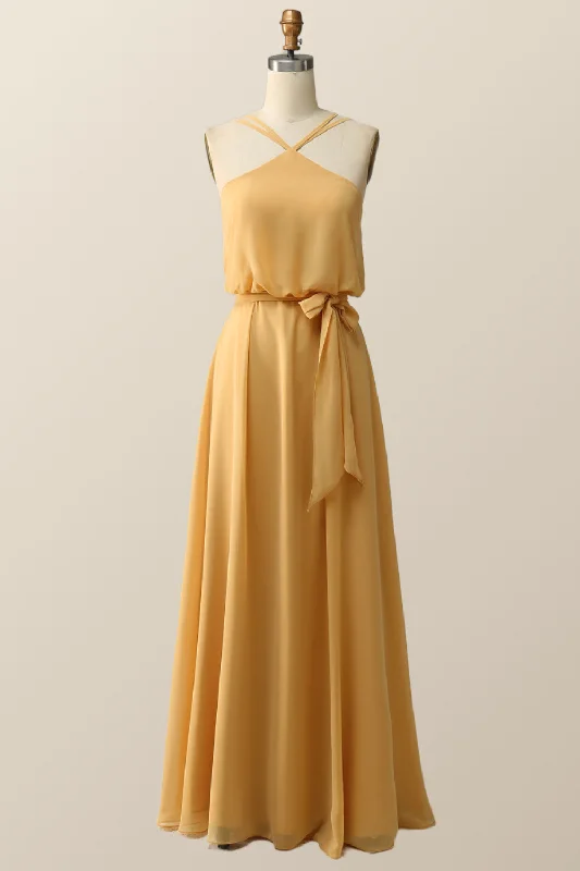 Timeless Style Promotions Halter Straps Yellow Chiffon Long Bridesmaid Dress Boho Chic