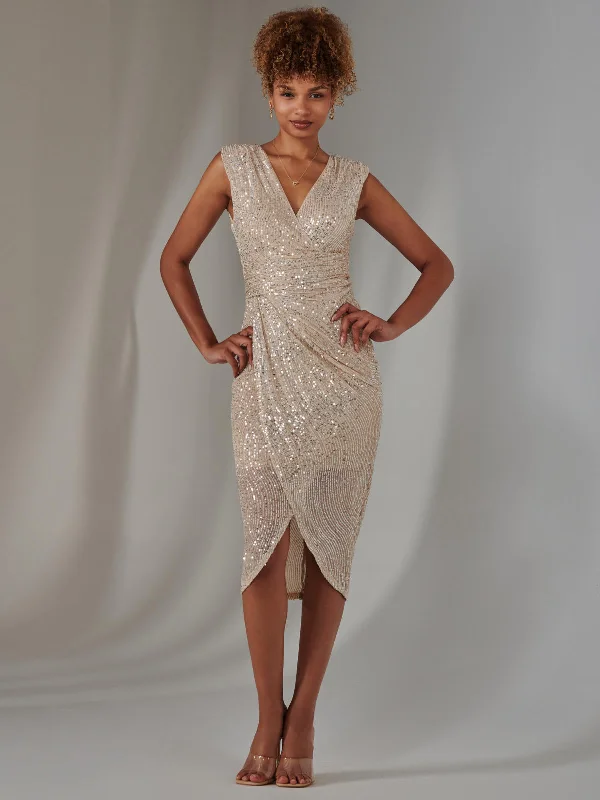 Exclusive Fashion Deals Aisla Ruched Sequin Bodycon Dress, Beige Silver Feminine Soft - Hued Look