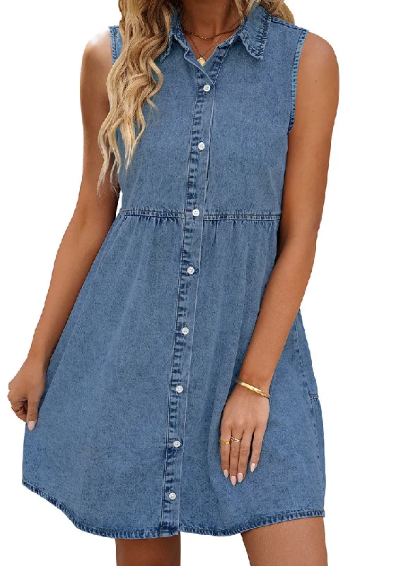 Shop The Hottest Deals Medium Blue Denim Dress for Women Sleeveless Babydoll Button Down Short Jean Dresses Cute Summer Boho - Chic Festival - Ready Style