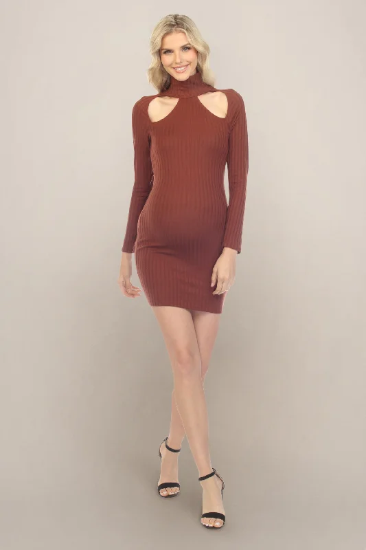 Budget Friendly Red Brown Maternity Bodycon Dress with Collar Cut Outs Effortless Sophistication