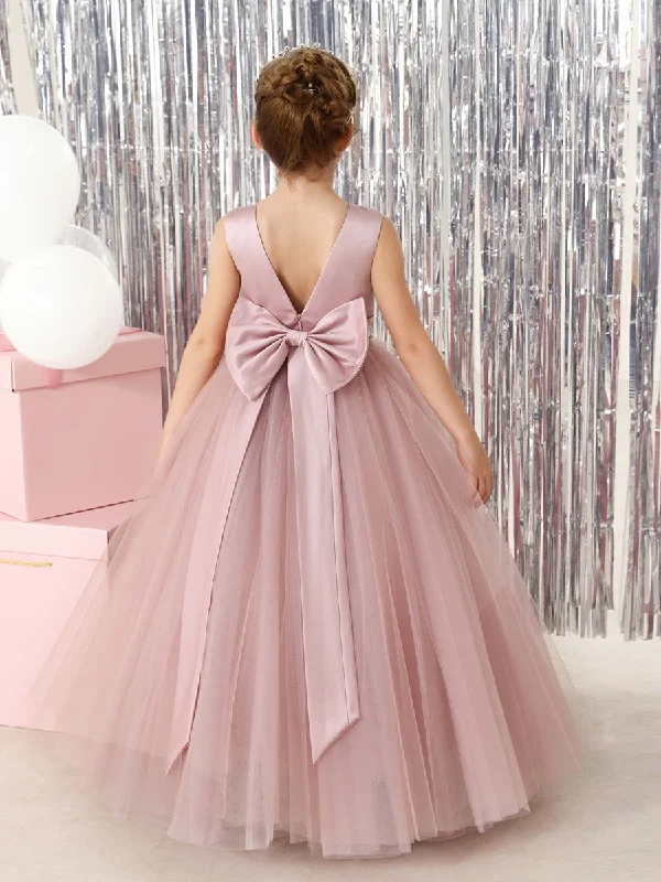 Fashion Essentials Ball-Gown Tulle Satin Sleeveless Scoop Neck Floor-Length Flower Girl Dresses Coastal Beach - Inspired Style