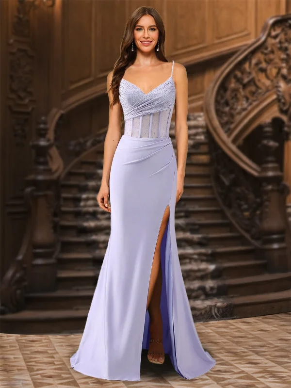 Trendy Looks On Sale Trumpet/Mermaid Spaghetti Straps Pleated Satin Long Prom Dresses with Side Slit & Rhinestone Today Only