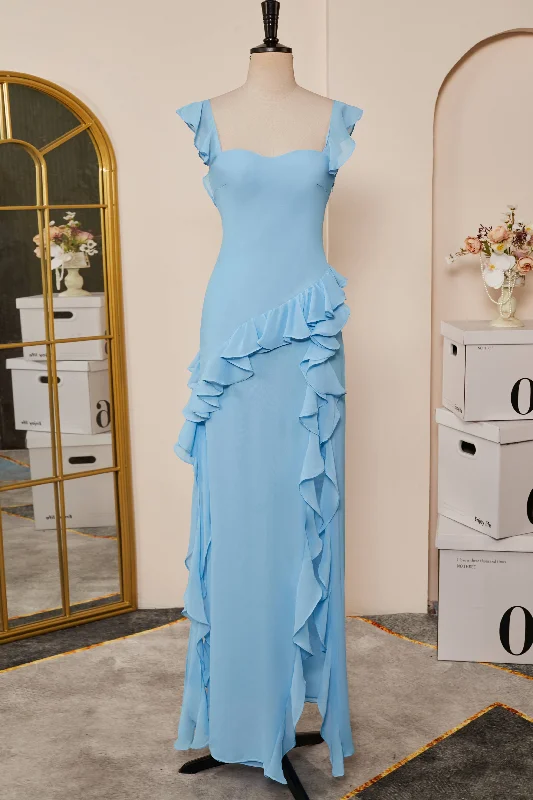 New Season Fashion Preview Light Blue Flaunt Sleeves Mermaid Ruffled Long Bridesmaid Dress with Slit Minimalist Office - Ready Style