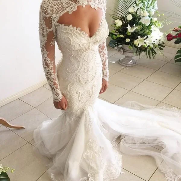 Summer Deals Elegant Popular Newest Mermaid Open Back Long Sleeves Tulle Wedding Dress with Lace and Pearls, WD0203 Refined Simplicity