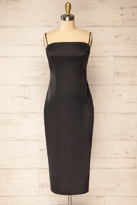 Comfortable Chic Korina Black | Fitted Satin Midi Dress Everyday Glamour