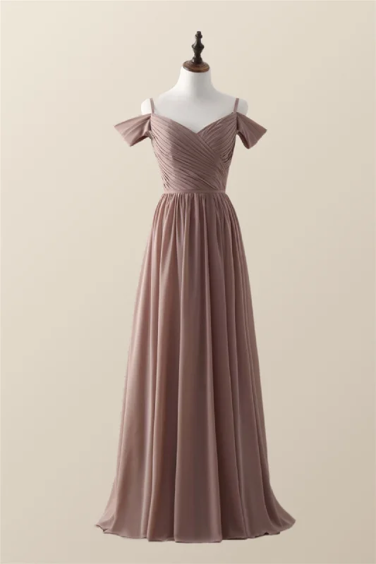 Classic Elegance Sales Straps Champagne Pleated Chiffon Long Bridesmaid Dress Modern Glamour