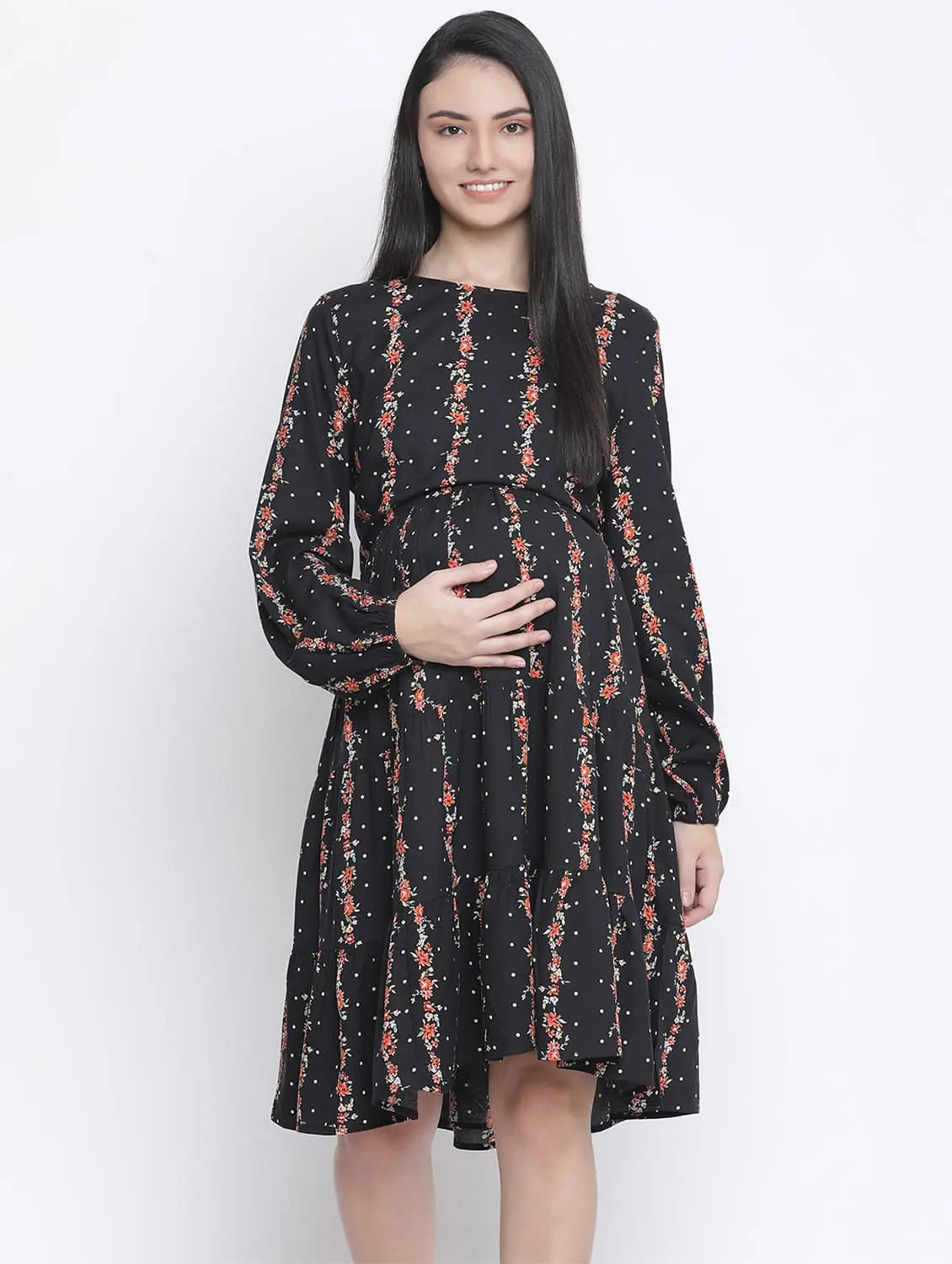 Trendy Women'S Wear Collection Gapper Black Ptinted With Feeding Zip Maternity Dress Summer Fashion