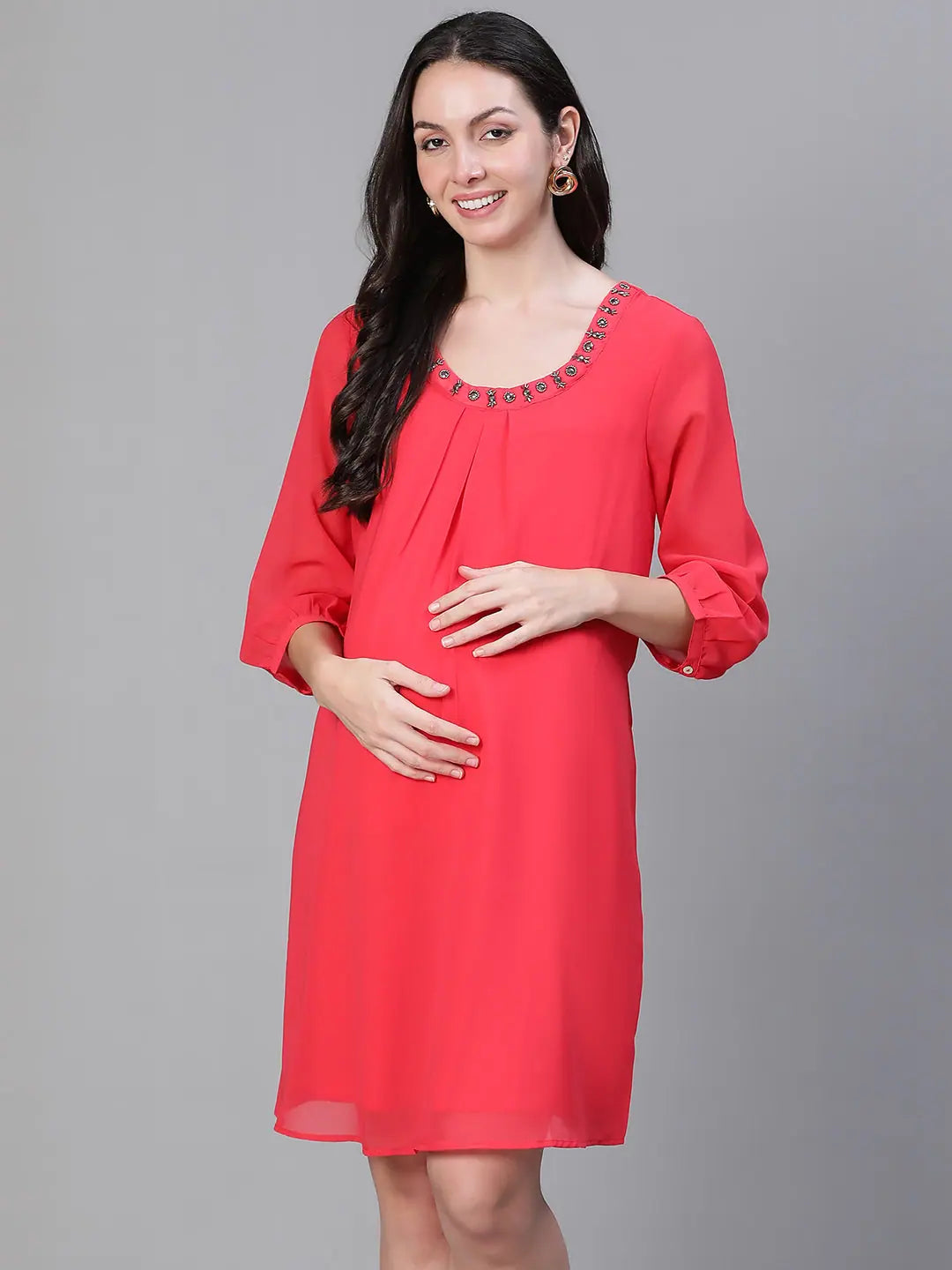 Step Ahead, Lead The Trend Elegant Red Embellished Elsaticated Women Maternity Dress Parisian Effortless Chic Style