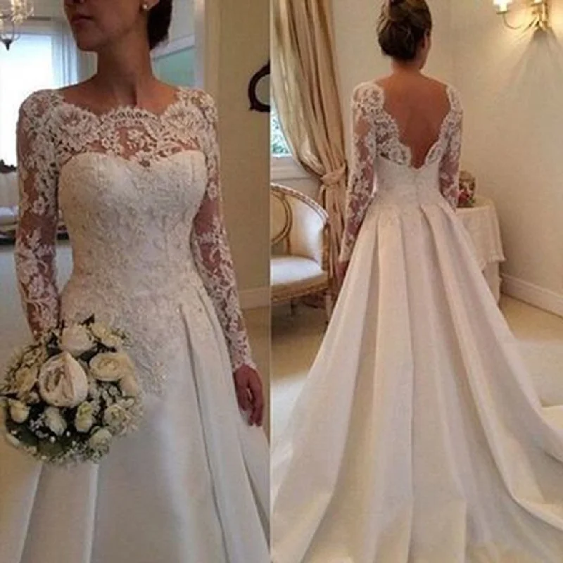 Limited Stock Long A-line Full Length Round Neck Long Sleeve Lace Top Satin Wedding Party Dresses, WD0043 Vintage Look