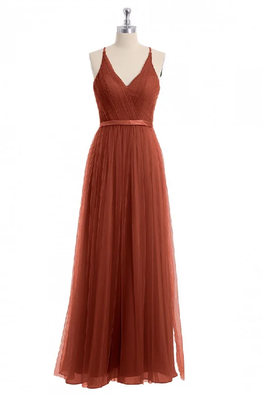 Seasonal Style Discounts Rust Orange V-Neck Backless A-Line Long Bridesmaid Dress Flash Sale