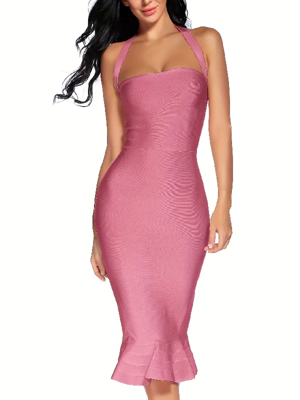 Fashion-Forward Offers Alluring Solid Halter Neck Bodycon Dress - Fashionable Zipper Backless, Dramatic Mermaid Hem for Parties & Banquets - Womens Evening Wear Hollywood Glam Award - Show Style