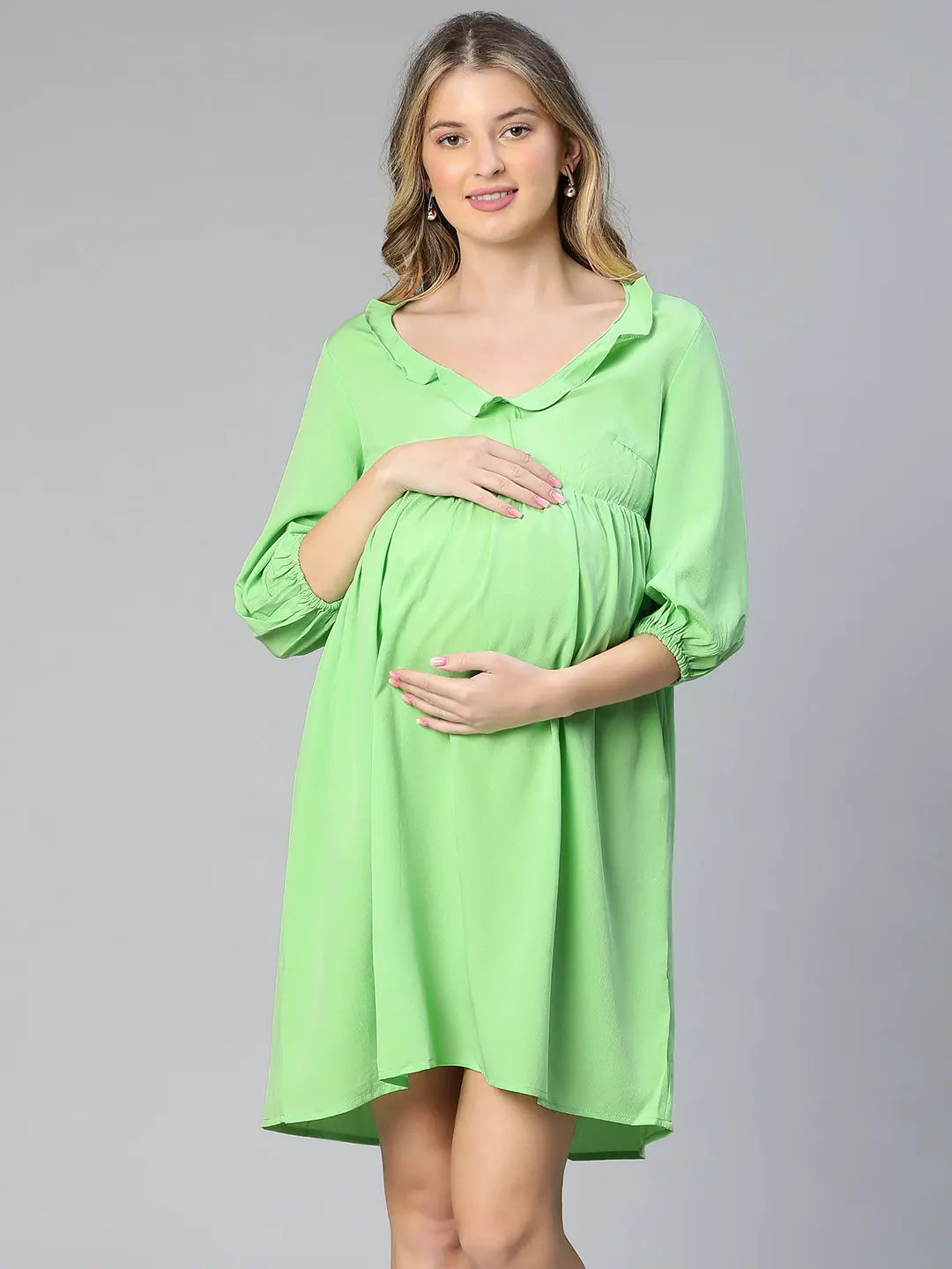 Unleash Your Trend Driven Style Peak Green Round Neck Ruffled Women Maternity Dress Disco - Inspired Retro Dance Look