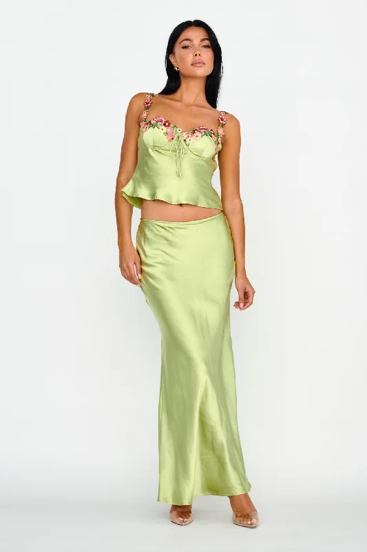 Boutique Styles Rose Garden Satin Maxi Skirt Lime Parisian Effortless Chic Style