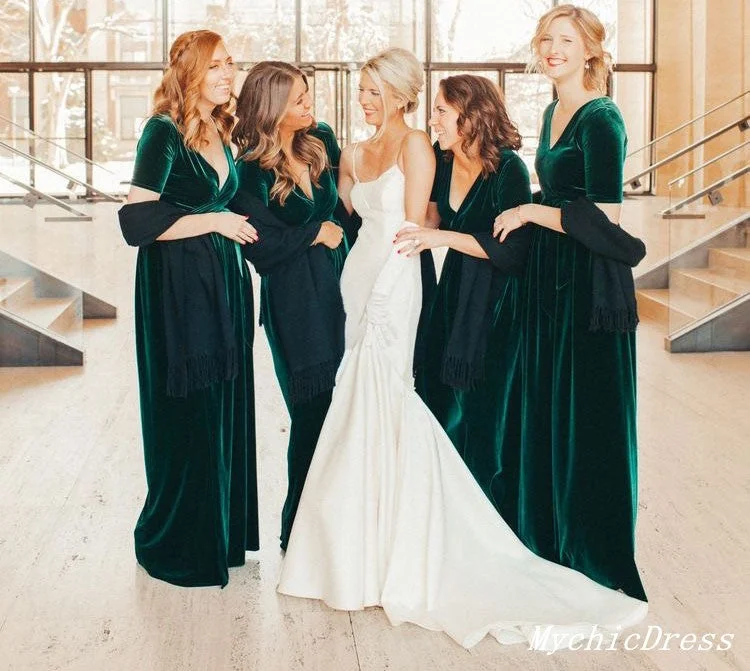 Feminine Luxe Style Sale Roycebridal Winter Emerald Green Bridesmaid Dresses Velvet Wedding Guest Dress Short Sleeves Vintage Charm