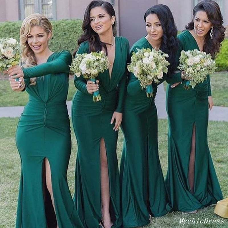 Classic Modern Offers Roycebridal Fall Wedding Guest Dress Emerald Green Bridesmaid Dresses Long Sleeves V Neck Luxury Style