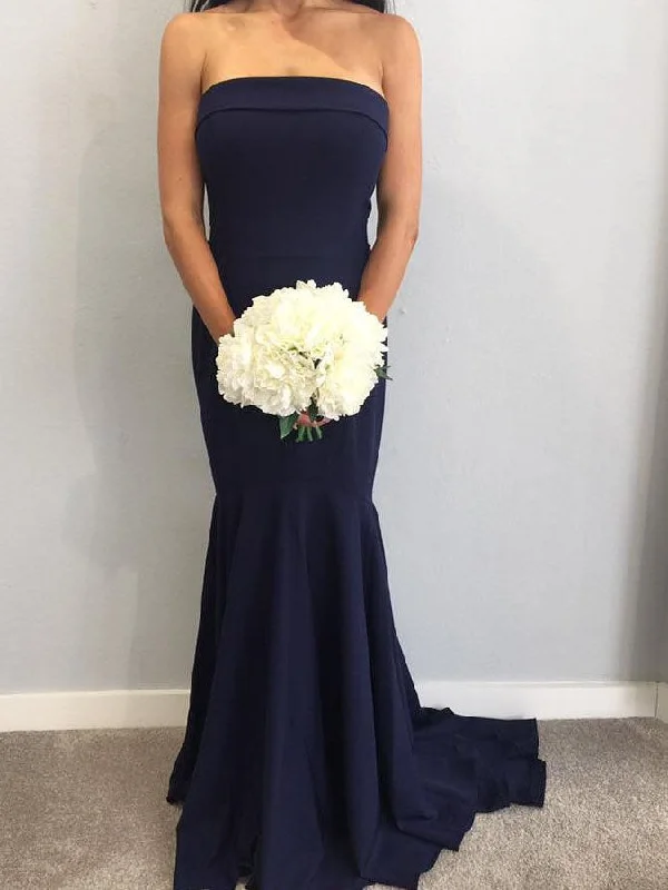 Top Brand Discounts Strapless Mermaid Navy Blue Long Bridesmaid Dress Final Clearance