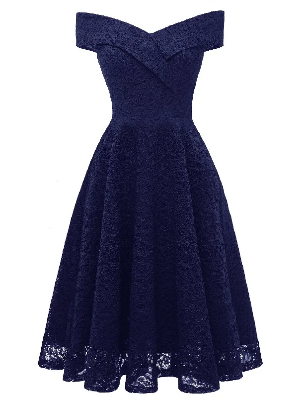 Classic Chic Deals A-Line WE Party Dress Holiday Graduation Knee Length Short Sleeve Off Shoulder Bridesmaid Dress Lace with Pleats Modern Romance