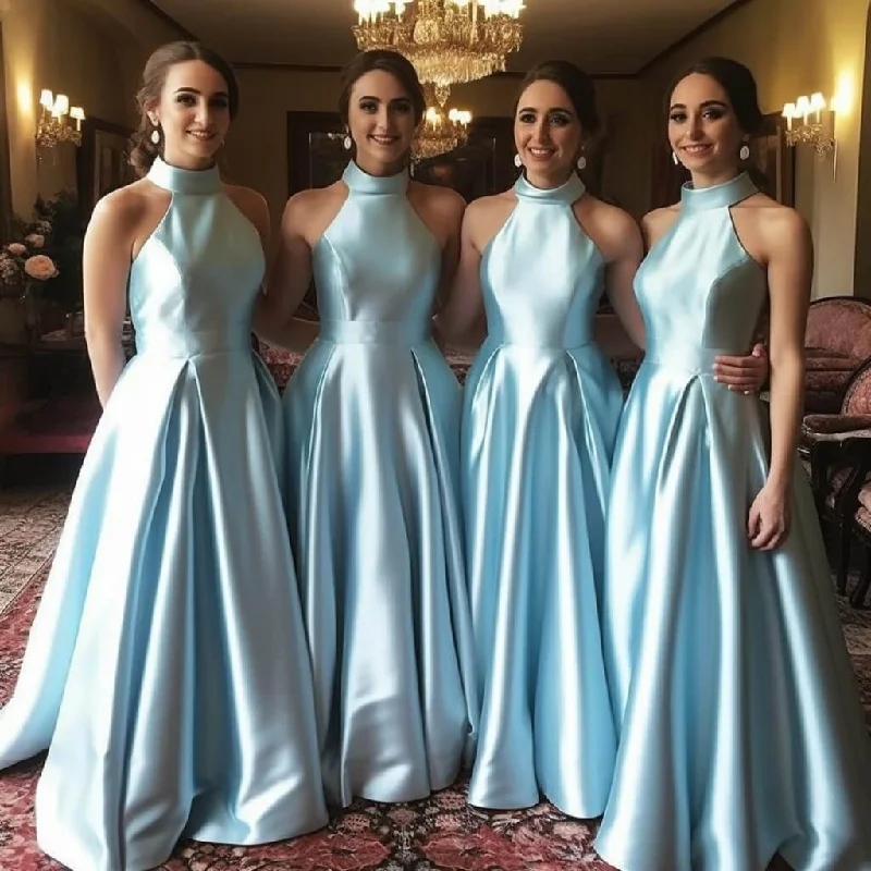 Top Brand Discounts Hot Halter Blue Satin Bridesmaid Dresses Sleeveless A Line Wedding Party Dress Luxury Comfort