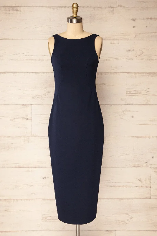 Affordable Luxury Fashion Kovna Navy | Fitted Midi Dress w/ Open Back Cottagecore Rustic Charm Style