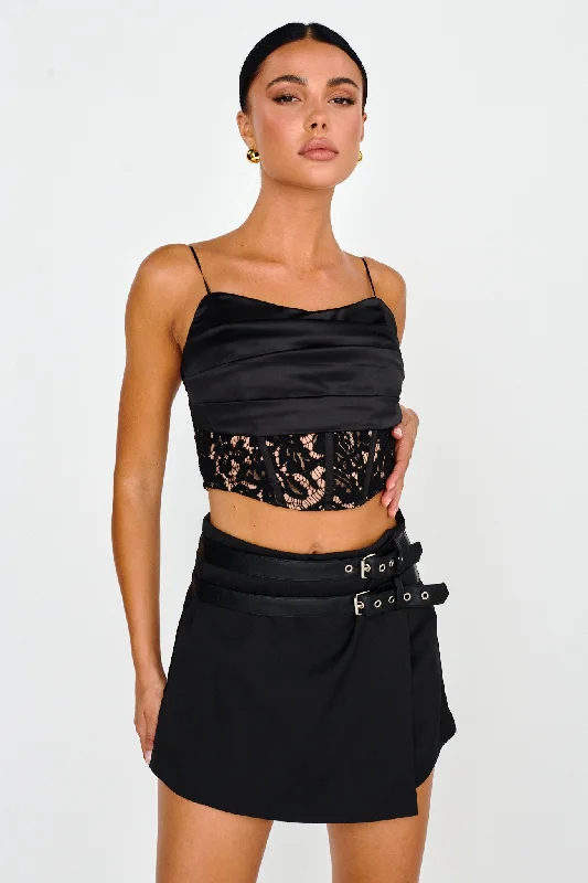 Classic Modern Offers Love Wild Satin & Lace Crop Top Black Lightweight Fabric