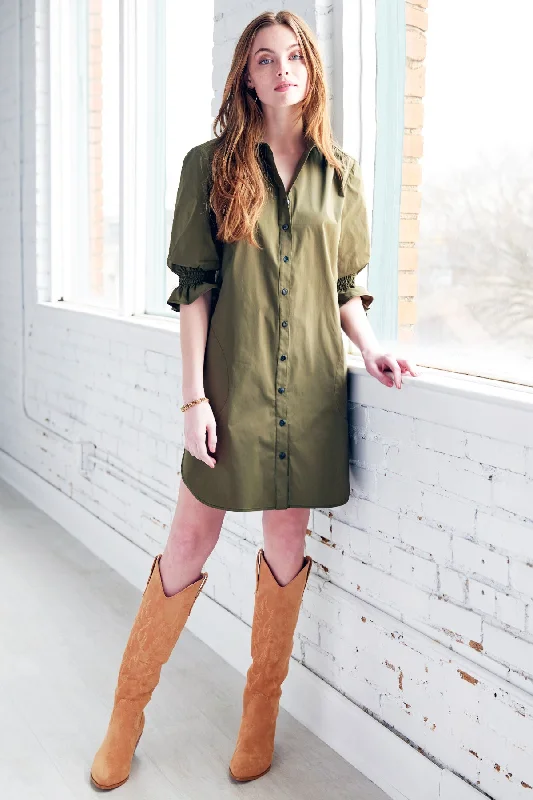 Flash Sale Miller Puff Sleeve Shirt Dress Weathercloth Olive Effortless Comfort