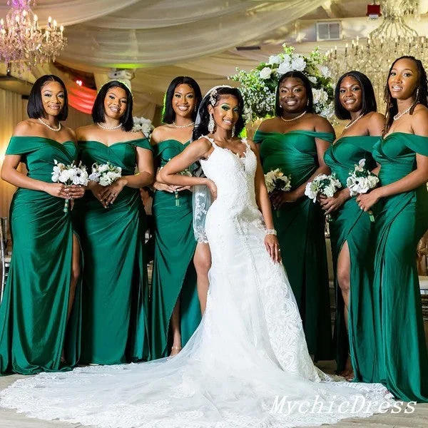 Flirty Fashion Discounts Roycebridal Sexy Black Girl Emerald Green Bridesmaid Dresses Off Shoulder Mermaid Soft Satin Modern Glamour