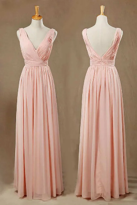 Final Sale Elegant Plush Pink V-Neck Open Back A-Line Long Bridesmaid Dress Summer Fashion