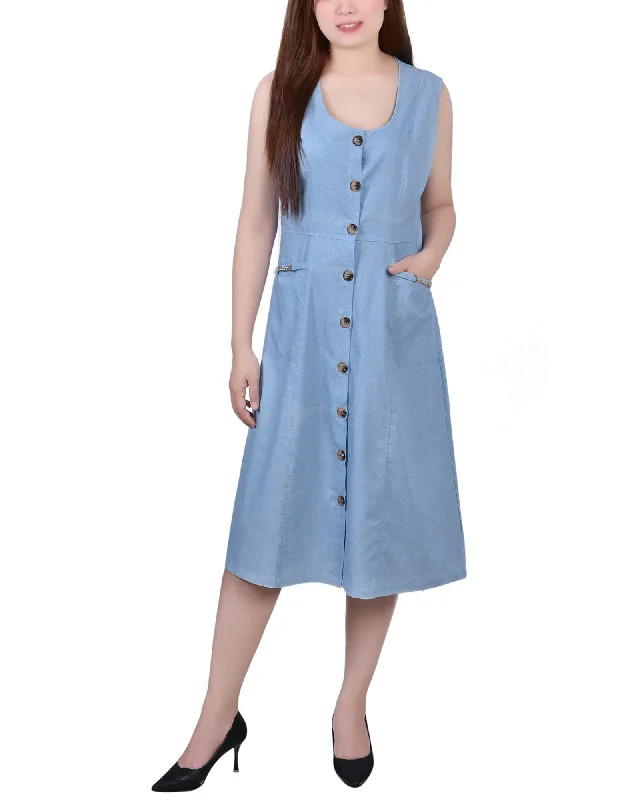 Final Sale Sleeveless Chambray Dress With Chain Details Ethnic Cultural Event Wear