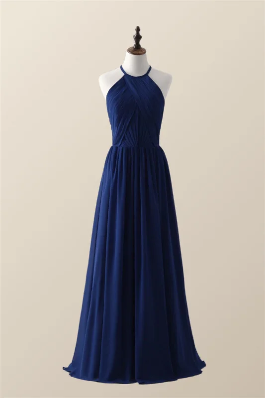 Fashion Sale Halter Royal Blue Pleated Long Bridesmaid Dress Today Only