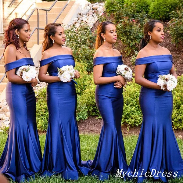 Fashionable Comfort Promotions Long Satin Mermaid Bridesmaid Dresses Royal Blue Wedding Guest Dress Off Shoulder Romantic Flair