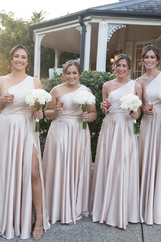 Style Without Limits Light Pink One Shoulder A-line Satin Long Bridesmaid Dress with Slit Weekend Special