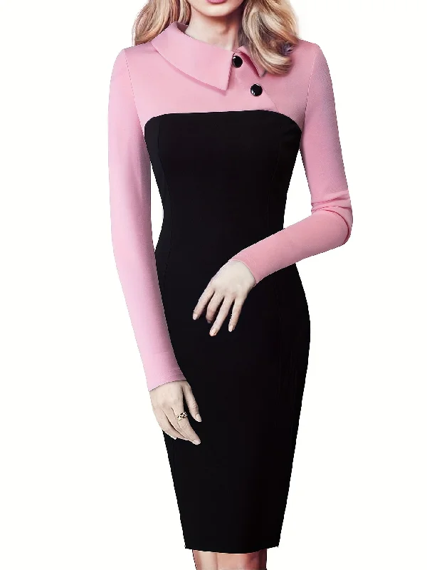 Exclusive Discounts Button Front Colorblock Bodycon Dress, Elegant Long Sleeve Dress For Spring & Fall, Women's Clothing Limited - Edition Drops