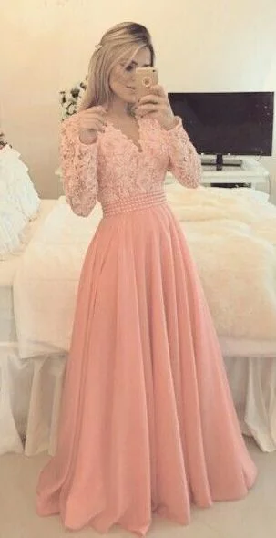 Holiday Attire Sale Custom Made Pink Chiffon Prom Dress,Long Sleeves Evening Dress,Pearl Beaded Party Dress,Graduation Dress,Sweetheart dress cg2528 Effortless Grace