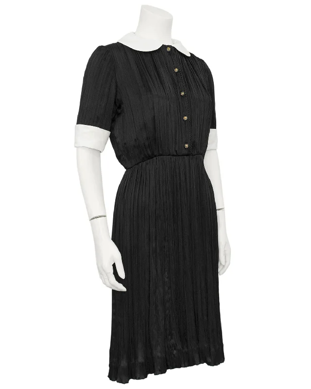 Discover Promotions Black Silk Micro Pleated Shirt Dress Modern Glamour