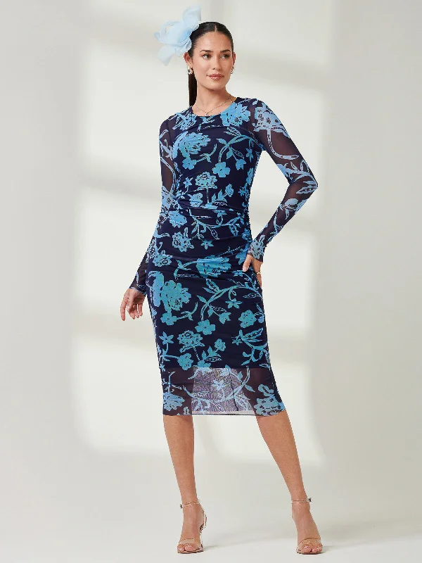 Latest Trends Long Sleeve Mesh Bodycon Maxi Dress, Navy Floral Disco - Inspired Retro Dance Look