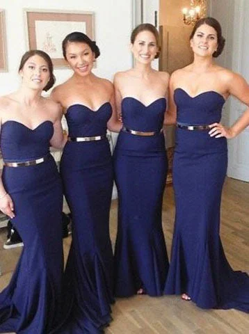 Unbeatable Deals Mermaid Navy Blue Bridesmaid Dress - Sweetheart Gold Belt Dreamy Aesthetic