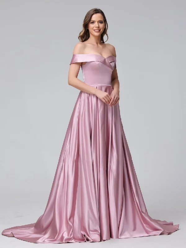 Modern Fashion Sale A-Line Off-the-Shoulder Long Satin Evening Dresses with Split Side & Pockets Floral Style