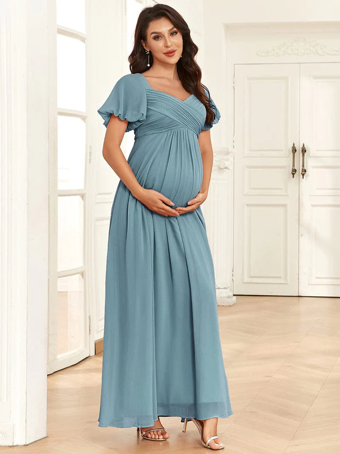 Affordable Luxury Fashion Chiffon Pleated V-Neck Tie-Back A-Line Maternity Dress Feminine Allure