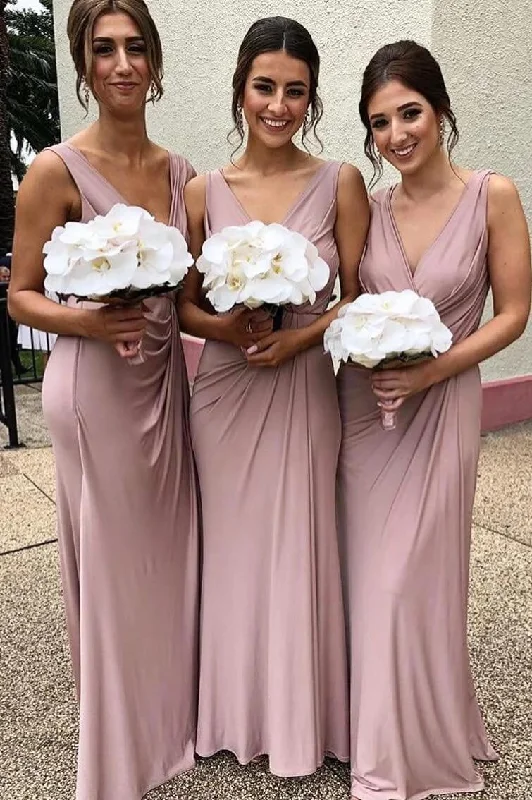 Best Deals Of The Season Roycebridal Cheap Chiffon Blush Pink Bridesmaid Dresses Sleeveless Deep V Neck Effortless Sophistication