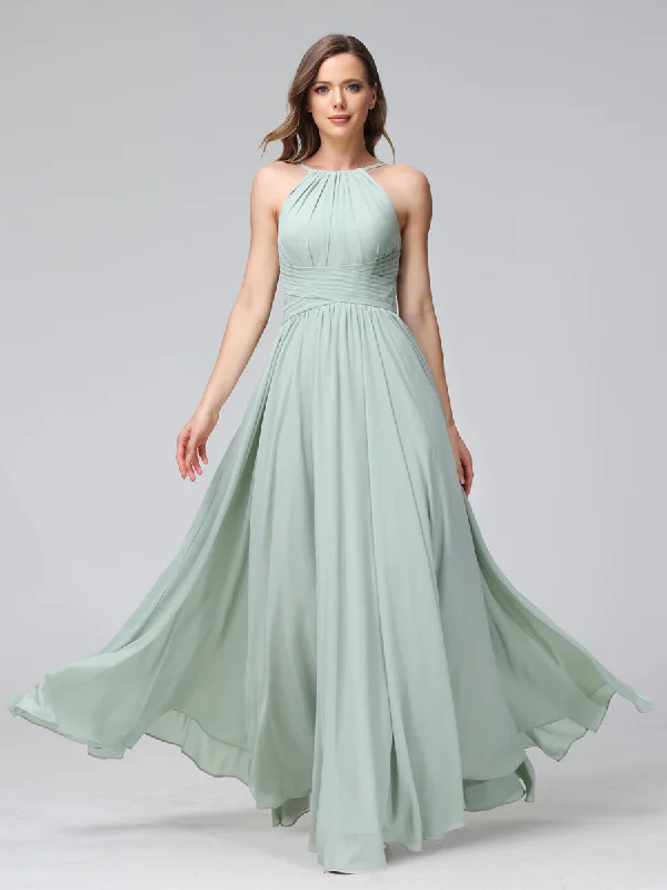 Chic Styles A-Line Halter Sleeveless Ruched Floor-Length Chiffon Bridesmaid Dresses Art Deco Geometric Pattern Look