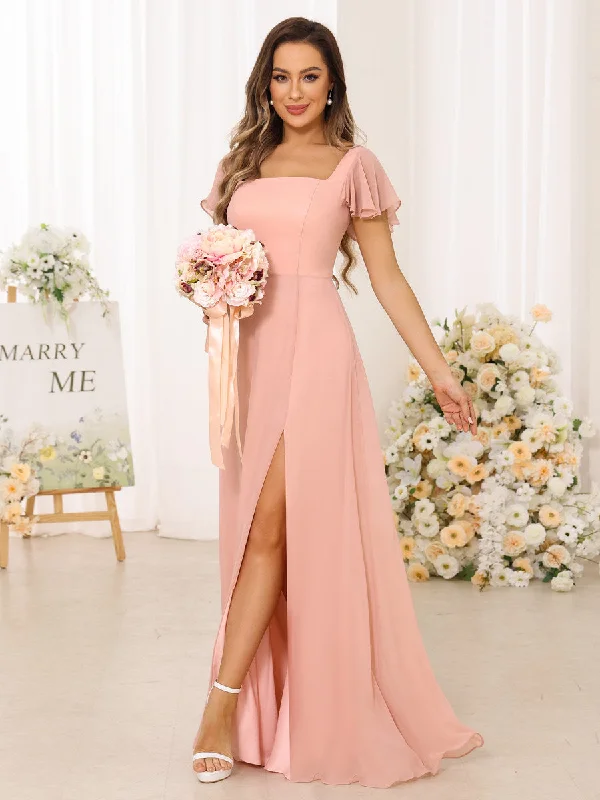 Casual Chic A-Line/Princess Square Neck Short Sleeves Long Bridesmaid Dresses With Split Side Today Only