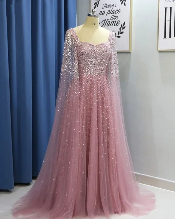 Everyday Elegance Sale Pink Tulle Open Back Long Sleeve Sequins Evening Dress, Formal Prom Dress  cg5853 Modern Romance